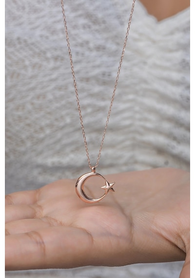 925 Ayar Gümüş Rose Sade Taşsız Ayyıldız Kolye Rose Gold