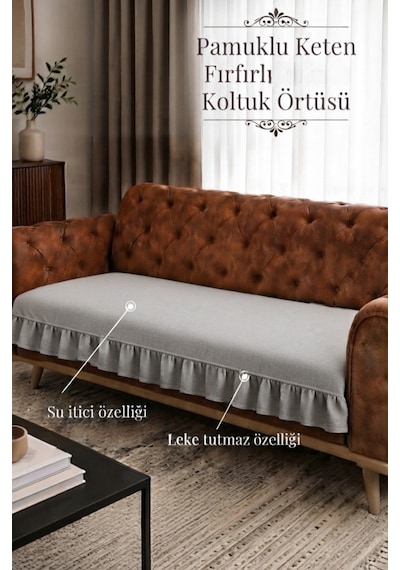Lüx Fırfırlı Koltuk Örtüsü Bohem Pamuklu Keten Leke Tutmaz Su İticili Koltuk-çekyat Örtüsü Gri