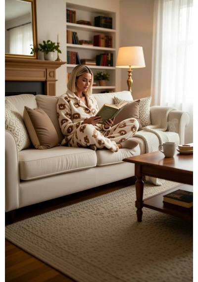 Benerly Kadın Gömlek Yaka Standart Kol Regular Kalıp Wellsoft Örme Pijama ekru