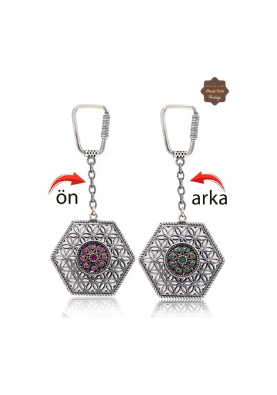 Yakut Ve Zümrüt Taşlı Çiçek Model Çift Taraflı Oksitli Gümüş Telkari Anahtarlık 201025184 Gümüş