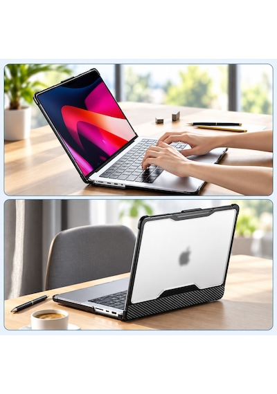 MacBook Air 13.3" A2337 M1 A2179 A1932 Uyumlu Hard Case Sert Kapak, Şeffaf Rugged Bumper Koruyucu Kılıf, Karbon Desenli Darbe ve Çizilme Koruması Siyah