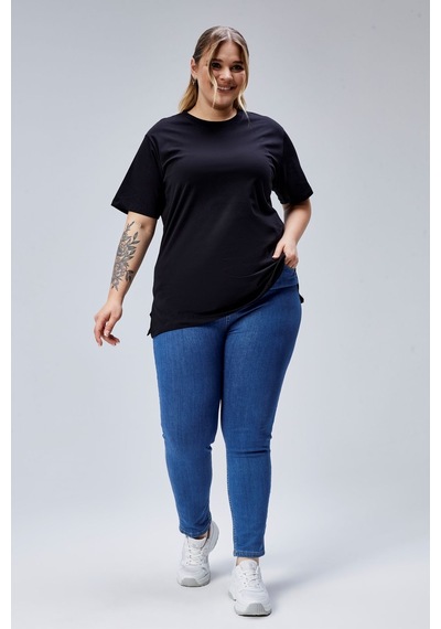 Banega Curve Büyük Beden Siyah Boyfriend Bisiklet Yaka Yırtmaçlı Pamuk Örme T-shirt Siyah