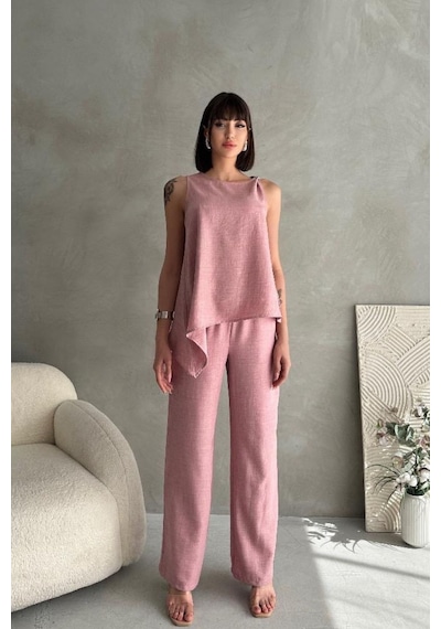 By Saygı Kadın Toka Detaylı Eteği Asimetrik Bluz Beli Lastikli Cepli Palazzo Pantolon Keten 2'li Takım Pudra By Saygı Kadın Toka Detaylı Eteği Asimetrik Bluz Beli Lastikli Cepli Palazzo Pantolon Keten 2'li Takım Pudra