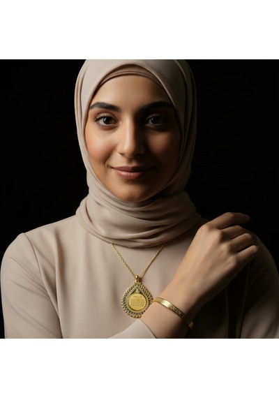 Damla Model Kolye Ve Ayetel Kürsi Bileklik Seti Gold Renk Çelik Takı Altın