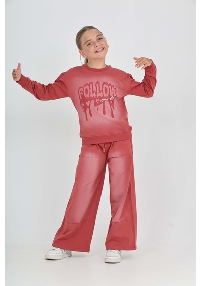 Toontoy Kids Toontoy Kız Çocuk 2'li Takım Eskitme Baskılı Bisiklet Yaka Sweatshirt & Beli Lastikli Cepli Bol Paça Eşofman Altı - 2 İplik Kiremit