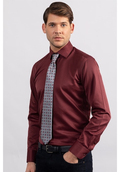 Tudors Modern Slim Fit Düz Saten Pamuklu Erkek Bordo Gömlek-23101-bordo Bordo