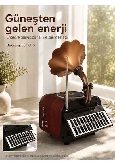 Dexxony Elite 6010bts Güneş Panelli Bluetooth Nostaljik Gramofon Radyo