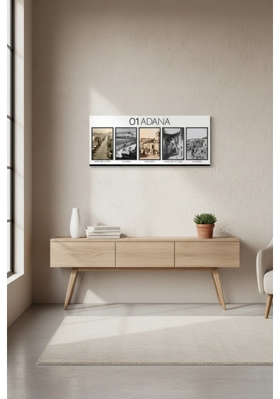 Adana Nostalji Tablosu Siyah Beyaz Eski Adana Fotoğrafları Çerçeveli Uv Baskı Mdf 25x60 Cm