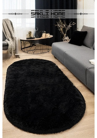 Siyah Oval Post Halı Peluş Yumuşak Kaymaz Dot Taban Makinada Yıkanabilir Yolluk Siyah