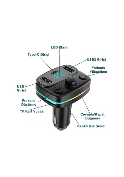 Tr Aft-10 Bluetooth 5.0 Araç İçi Fm Transmitter - 3 Portlu 2x Usb-a + 1x Usb-c Rgb Led Ekranlı Şarj Cihazı