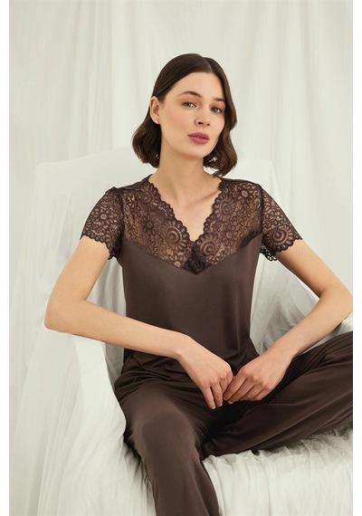 Online Kapsulavm Avm Alışveriş Kapsulavm Kısa Kollu Ve Dantelli V Yaka Pijama Takımı Kahve