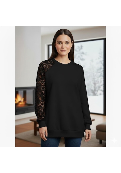 Afri Siyah Dantel Detaylı Sweatshirt Şık Ve Rahat Günlük Kadın Üst Yumuşak Kumaş Siyah