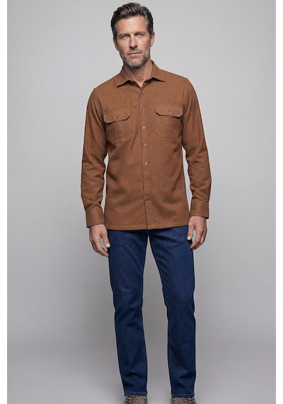 Bisse Modern Fit Paşa Yaka Çift Cepli Flanel Hardal Erkek Gömlek Gmfln0322300212 D19