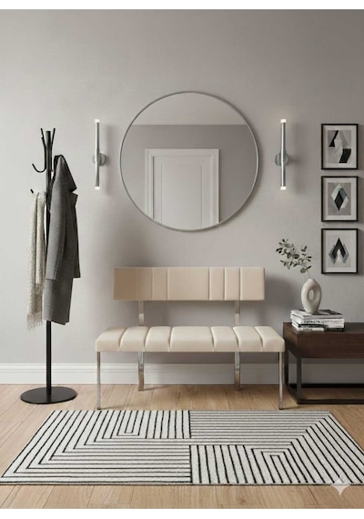 Özcan Metal Metal Krom Ayaklı Sırtlı Mutfak Salon Antre Yatak Odası Balkon Puf Bank Oturak Bench Bej