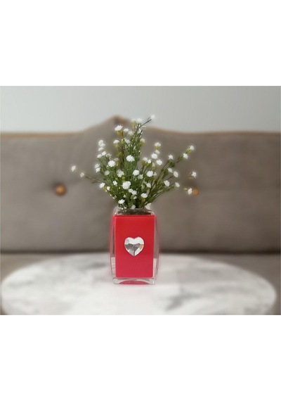 Vazoda Beyaz Yapay Çiçek Dekoratif Kristal Taşlı Kırmızı Kalpli Vazo Dahil 6 x 6 x 16 CM