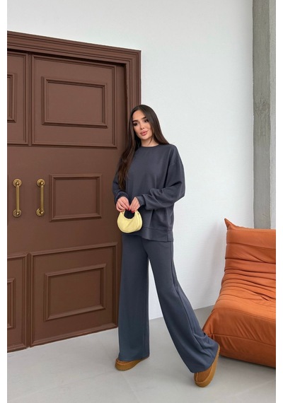 Mezka Basic Yumuşak Premium Kumaş Uzun Beli Lastikli Bol Paça Modal Alt-üst Takım Füme