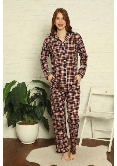 Farya Home Dreamy Ekoseli Pamuklu Biyeli Uzun Kollu Gömlek Pijama Takımı Ekose Siyah