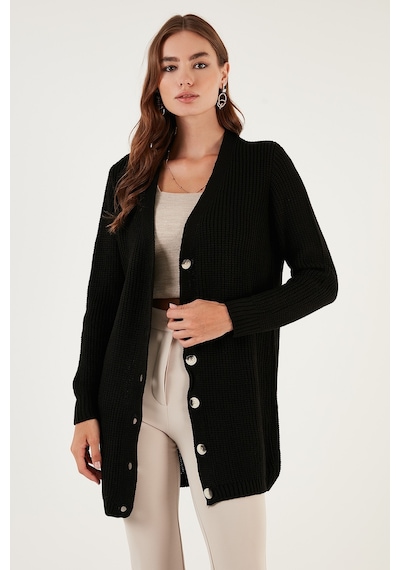 Lela Regular Fit V Yaka Düğmeli Triko Örme Uzun Bayan Hırka 4615044 Siyah