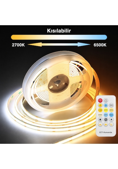 Cob Cct Led Şerit Seti 24v 10 Metre 576 Led/m Rf Kumandalı 2700k-6500k Ayarlanabilir Beyaz 48w Adaptör Dahil 8mm Ip20