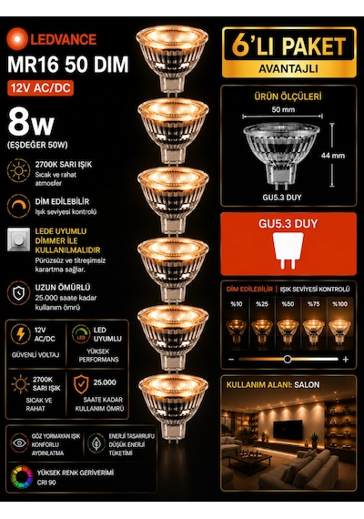 6 Adet Ledvance 12v Ac/dc 8w 50w Dimli 2700k Sarı Işık Gu5.3 Duylu Led Çanak Ampul