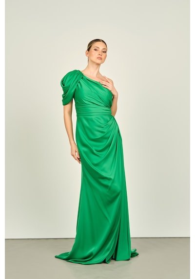Saygın Kadın Tek Omuz Derin Yırtmaçlı Drapeli Saten Abiye Elbise 3465 Benetton