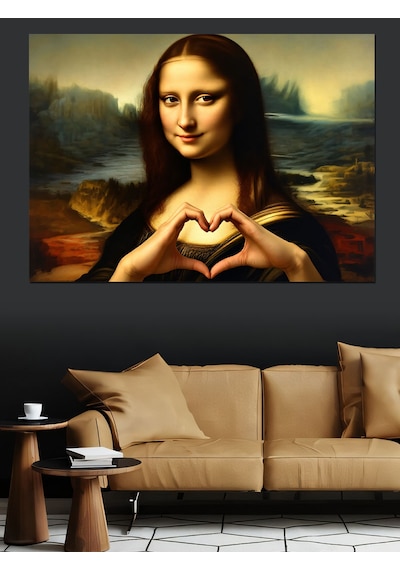 Kalp İşareti Yapan Mona Lisa Dekoratif Kanvas - Mdf Ahşap Tablo