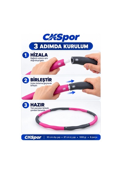 Ckspor Hulahop 93 Cm 1000 Gr 8 Parçalı Dalgalı İç Yüzeyli Egzersiz Çemberi Pembe-gri