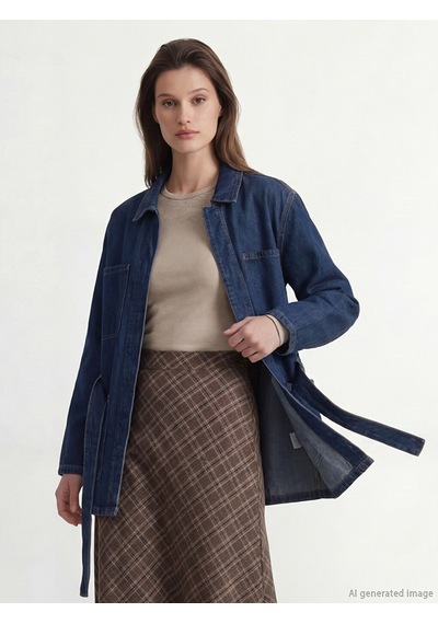 Lcw Modest İndigo Gömlek Yaka Beli Kuşaklı Kadın Jean Ceket