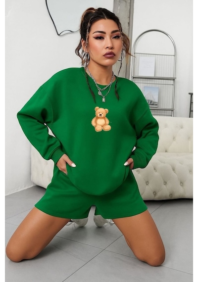 Benroma 3 İplik Penye Ayıcık Baskılı Unisex Sweatshırt Yeşil