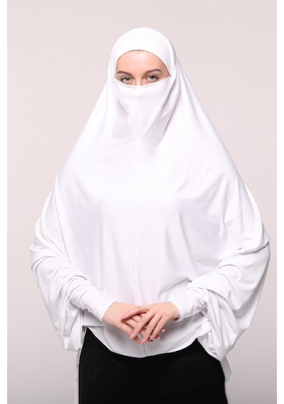 Altobeh Kollu Sufle Çarşaf Üstü Peçeli Pratik Tesettür Hijab - Nikaplı Namaz Örtüsü Beyaz