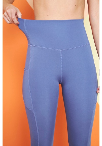 Thıff Gymwear Yüksek Bel Sıkılaştırıcı Toparlayıcı Push-up Çift Cepli Bilek Hizasında Spor Tayt Mavi