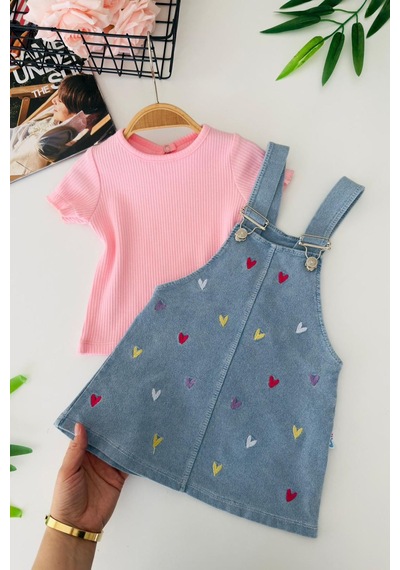 Miniğimin Cicileri Renkli Kalp İşleme Detaylı Kız Bebek Jile Takım Pembe