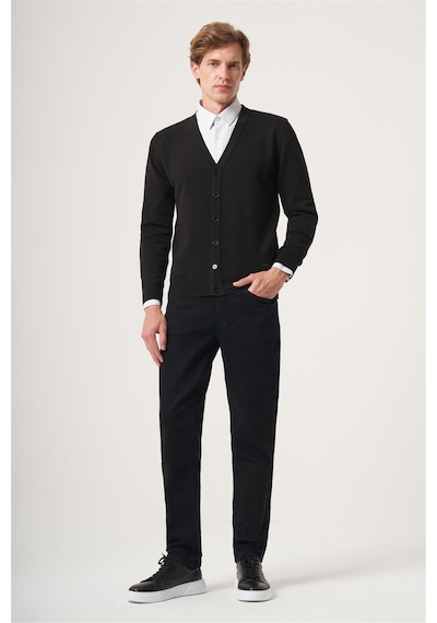 İmza Siyah V Yaka Uzun Kol Örme Comfort Fit Pamuklu Hırka Triko 1012265016