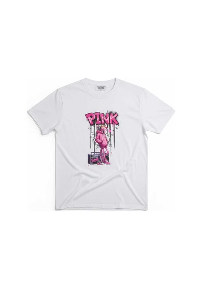 Pembe Panter Baskılı Oversize Erkek Pamuklu T-shirt Beyaz