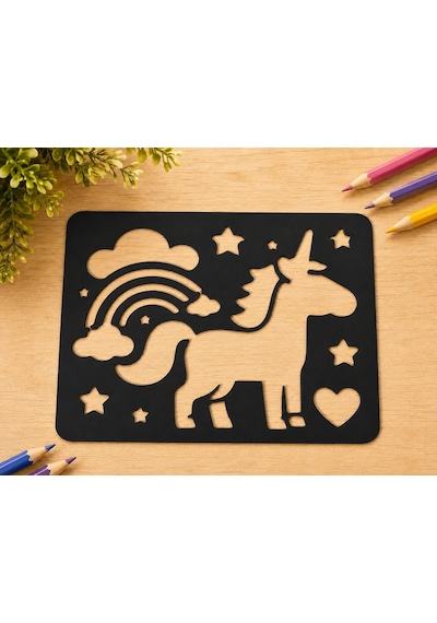 3d Baskı Unicorn Ve Gökkuşağı Çizim Şablonu - Desen Kalıbı - Siyah
