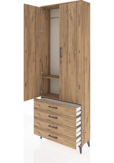 Arges Dolap 2 Raflı 4 Çekmeceli Tek Askılı 88x30x243 Çam-çam Atlas Çam