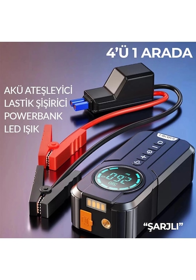 Taşınabilir Şarjlı Jump Starter - Akü Takviyesi + Lastik Şişirici + Powerbank + Led Işık Hepsi Bir A