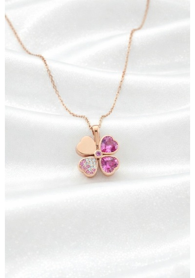 Çekirdekjewelry 925 Ayar Gümüş Pembe Taşlı Taşlı Yonca Kolye Pembe