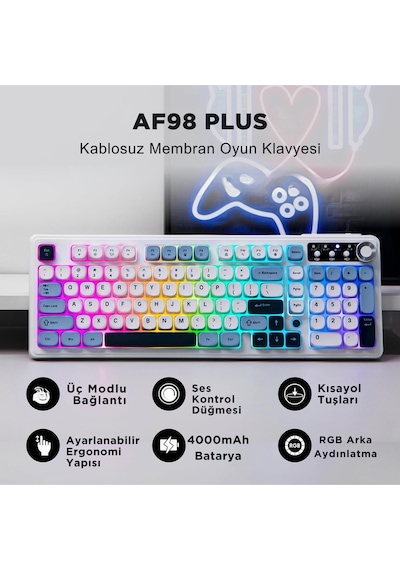 Af98 Plus Membran Oyuncu Klavyesi-4000 Mah Batarya-bluetooth 5.0/2.4g/usb-c, Rgb