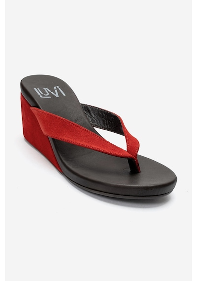 Luvi Shoes Pryon Kırmızı Süet Hakiki Deri Kadın Parmak Arası Dolgu Topuklu Terlik