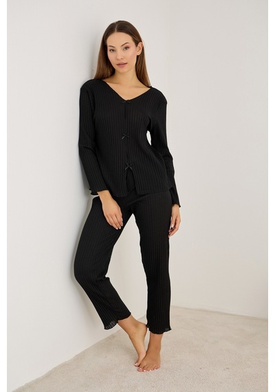 Siyah İnci Fitilli Kaşkorse Uzun Kollu Pijama Takım 7937 Siyah
