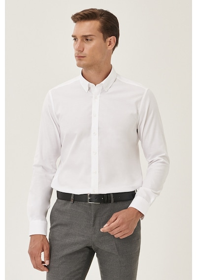 Ac&Co / Altınyıldız Classics Erkek Beyaz Ütü Gerektirmeyen Taılored Slim Fit Dar Kesim Düğmeli Yaka %100 Pamuk Gömlek Beyaz