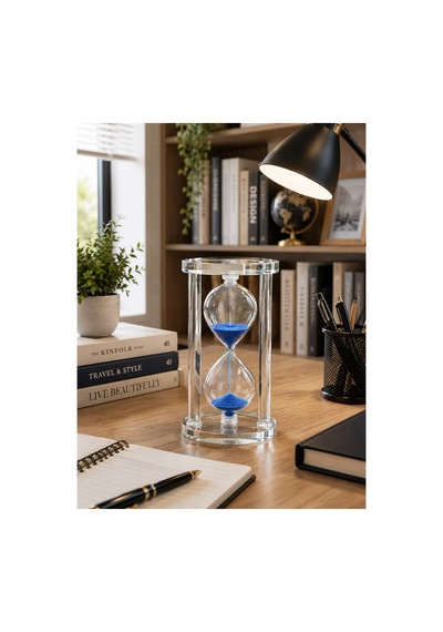 Modern Ofis Masa Üstü Biblosu Cam Kum Saati 10 Dakikalık Zamanlı Mavi Kum Dekoratif Hediye 14.5x8 Cm Biblo