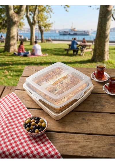 Kare Kek Ve Börek Saklama Kabı 30x30 Cm Tutacaklı Kilitli Kapaklı Pasta Poğaça Taşıma Kutusu Krem