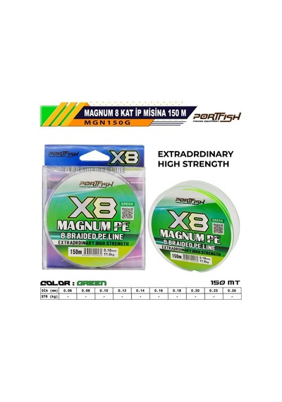 Portfish Magnum 8 Kat İp Misina 150 Mt Yeşil-9878 0,10 Mm