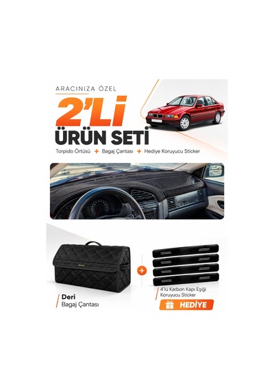 Bmw 3.20i E36 Aırbagsiz 1990-2000 Uyumlu Torpido Örtüsü + Deri Bagaj Çantası Seti - Siyah