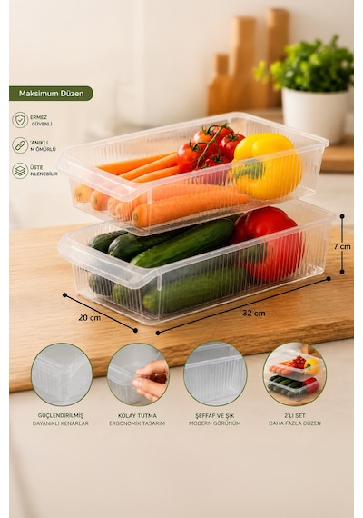 Porsima 3183 2'li Şeffaf Buzdolabı İçi Düzenleyici Organizer Seti 4 Lt 20x32x7 Cm
