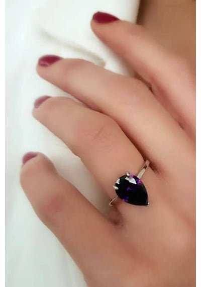 Ametist Taşlı Gümüş Damla Yüzük 15