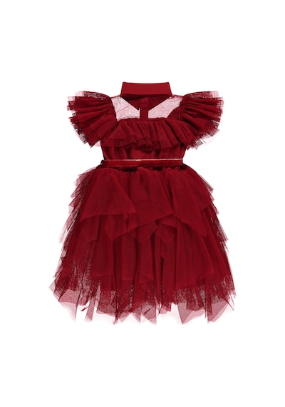 Civil Girls Beli Kemerli Tül 6-12 Yaş Elbise - Kırmızı