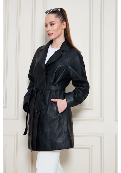 M M Marki Marki Kadın Hakiki Deri Trençkot Siyah, V Yaka, Kuşaklı, Düğme Kapamalı, Oversize, 90 Cm - 117122